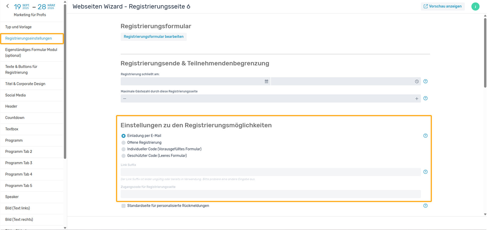 Registrierungseinstellungen Webseiten Wizard
