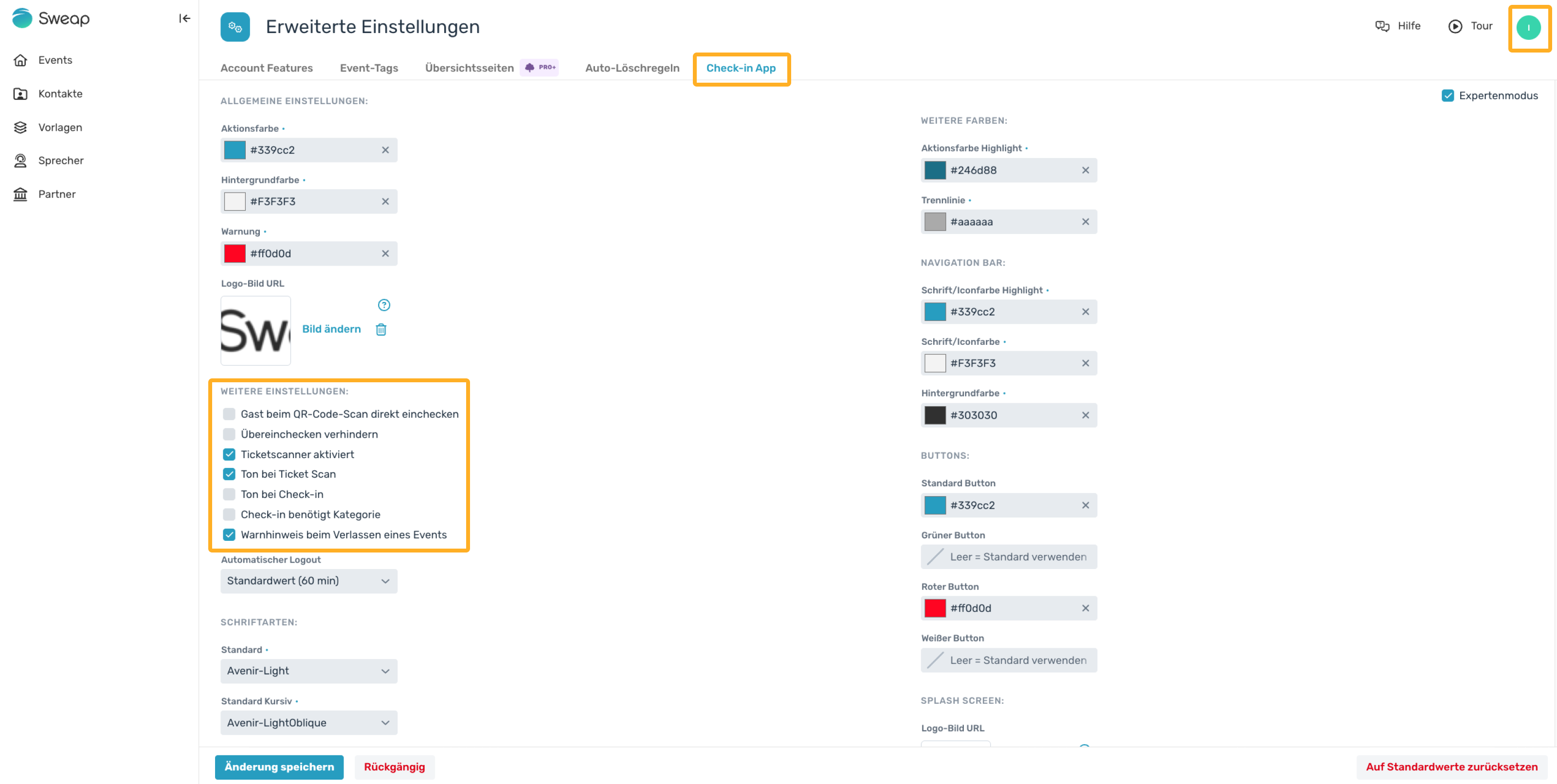 Check-in App Expertenmodus