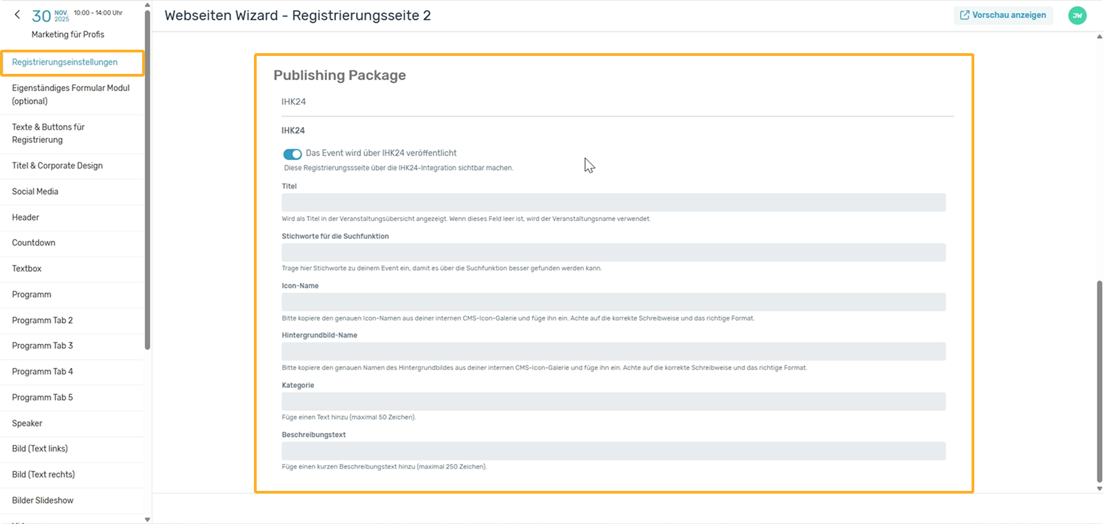 Veranstaltung mit Webseiten Wizard über IHK24 Schnittstelle veröffentlichen