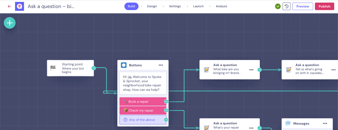 Animation of adding an Ask a question block from a block's output by searching for it in the block menu