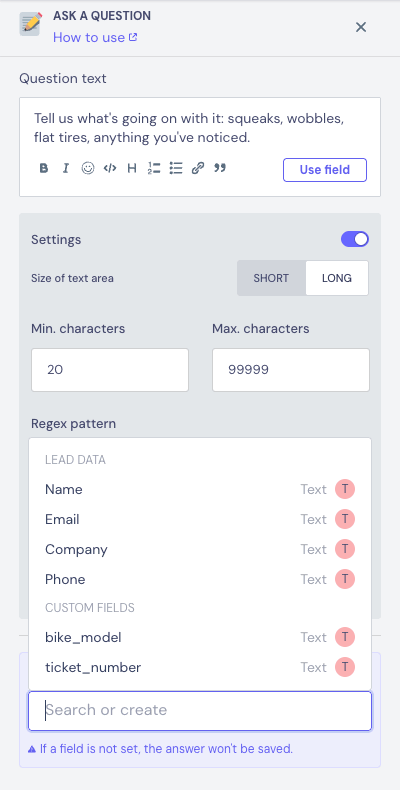 Animation of the Save user answer in the field box listing existing Fields, then creating the new Field bike_problem