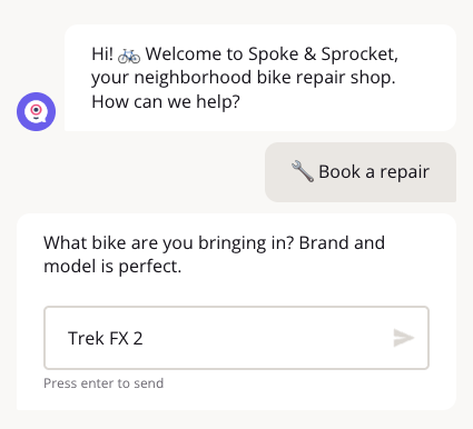 Short text area in the chat with the answer Trek FX 2 typed and the hint Press enter to send