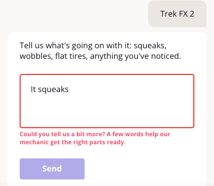 Too-short answer "It squeaks" rejected with the message asking the visitor to tell a bit more