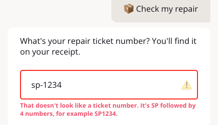 Ticket number sp-1234 rejected by the regex pattern with a message showing the right format