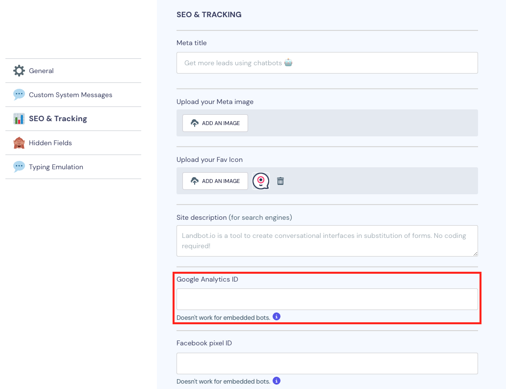 Screenshot that shows where to add the SEO and tracking set-up when creating a chatbot with Landbot