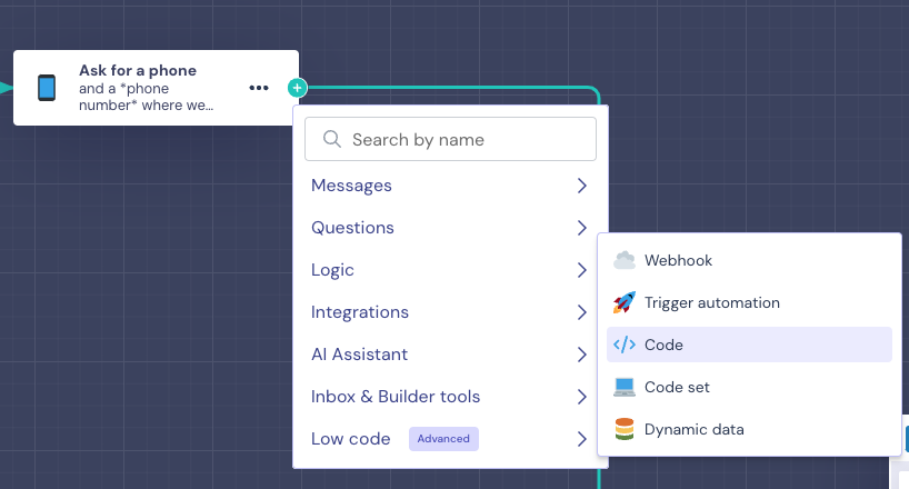 Screenshot that shows how to add a code block to trigger an event in your chatbot