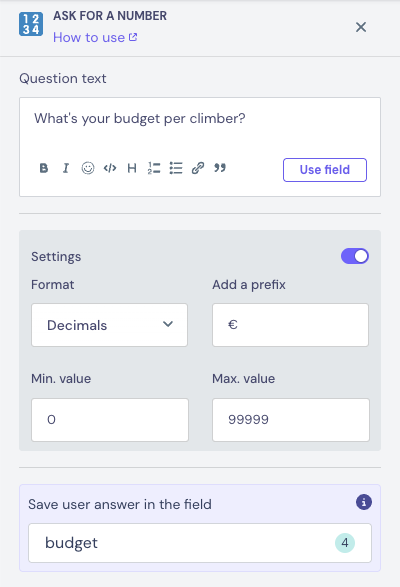 Ask for a number settings for a budget in decimals with the euro sign as prefix
