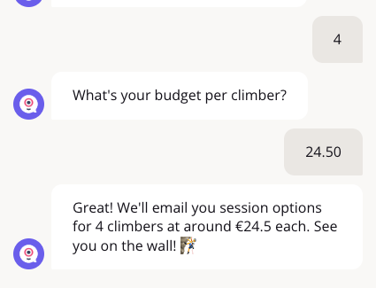 Chat where the agent repeats 4 climbers and a budget of 24.5 euros