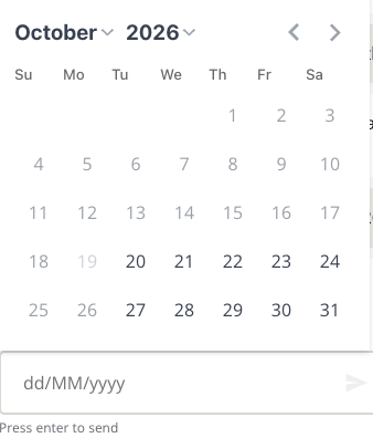 Date picker showing only Tuesdays to Saturdays from 20 October 2026 as available