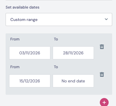 Custom range settings with 3 to 28 November 2026 and an open range from 15 December 2026