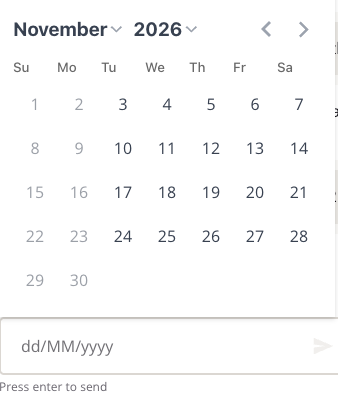 Date picker with Tuesdays to Saturdays from 3 to 28 November 2026 available