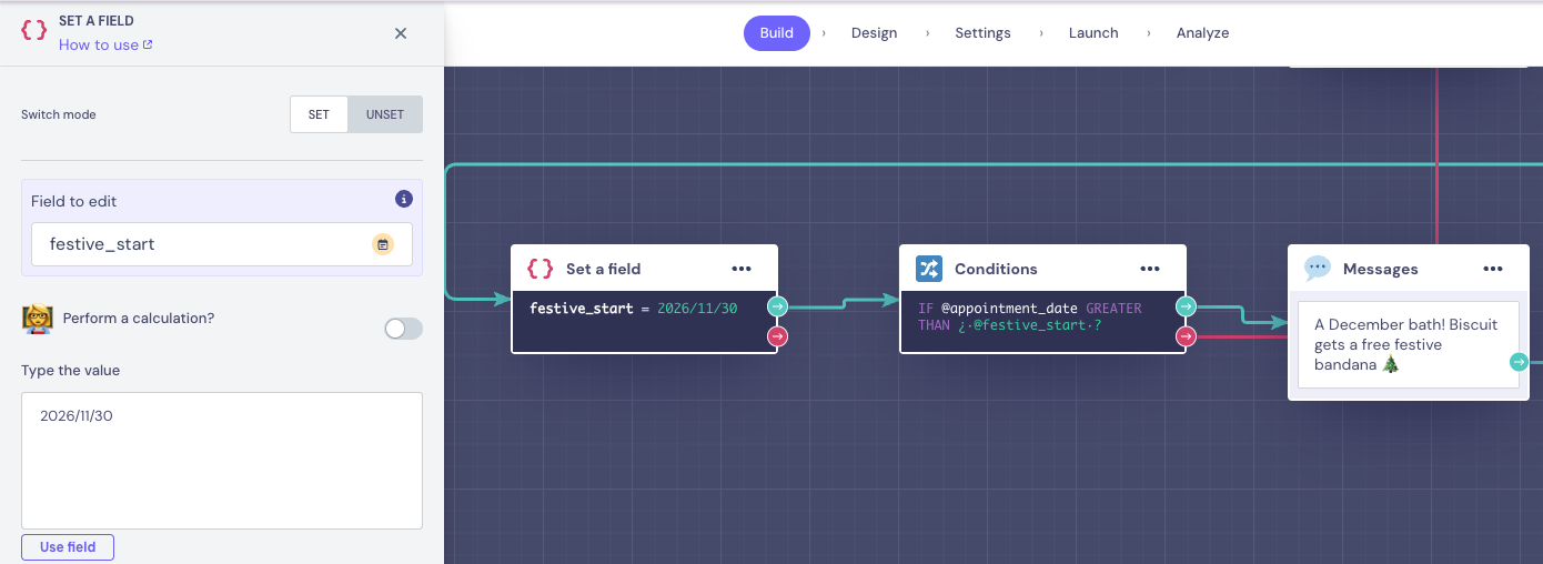 Set a field panel saving 2026/11/30 in the festive_start Field, next to the Conditions block that uses it