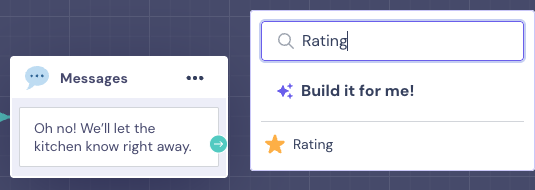 Add-block menu with Rating typed in Search by name and the Rating block in the results