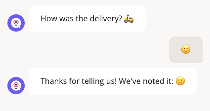 Chat asking How was the delivery, where the visitor picks a smiling face and the reply shows the same single mood