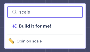 Landbot add-block menu with scale typed in the search box and Opinion scale as the result