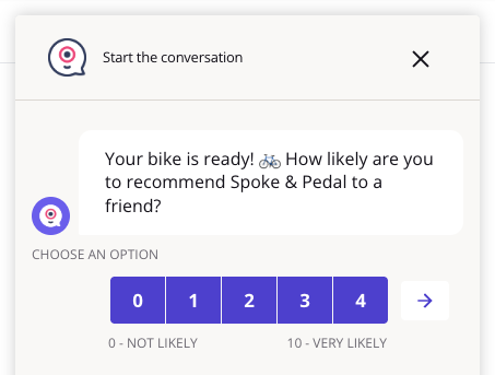 Chat asking how likely the visitor is to recommend Spoke and Pedal, with buttons 0 to 4, an arrow and the labels Not likely and Very likely