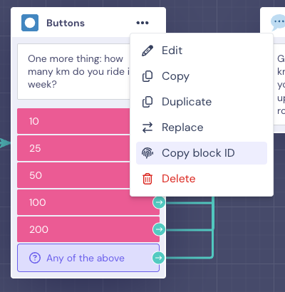 Buttons block menu with Copy block ID highlighted, next to the buttons 10, 25, 50, 100 and 200
