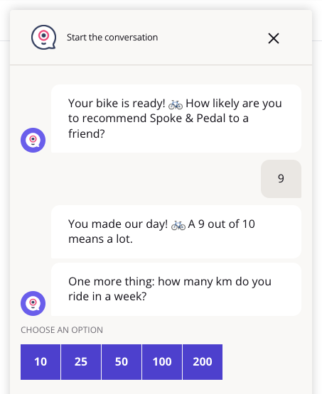 Chat with a Buttons block styled as a scale showing 10, 25, 50, 100 and 200 km in one row