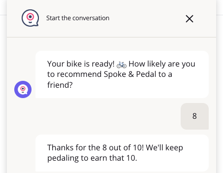 Chat where the visitor taps 8 and the agent replies Thanks for the 8 out of 10