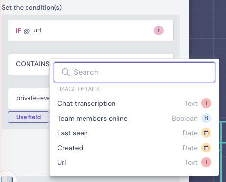 Use field list in a Conditions panel showing the Usage details Fields Team members online, Last seen, Created and Url