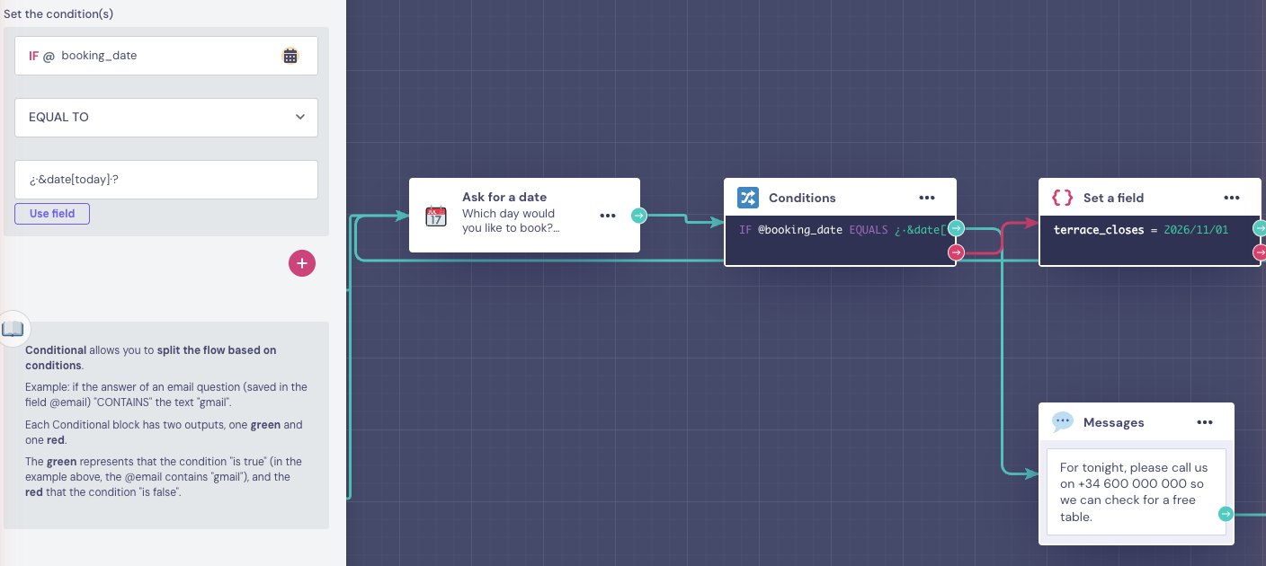 Conditions panel checking whether booking_date is equal to Today, next to the Ask for a date block