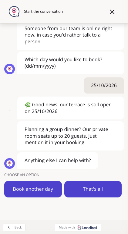 Trattoria Sole chat on the private events page with the terrace open and private room messages