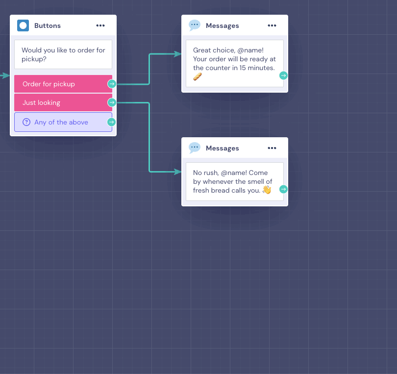Animation of adding a Send a message block from a Buttons output through Messages, Send a message