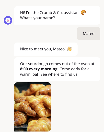 Chat where the bakery agent greets Mateo by name, then sends a message with a bold time and a link, and a croissant photo