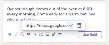 Link box in the message editor with a Google Maps URL for the text See where to find us