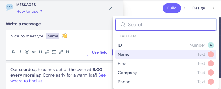Use field list in a message, with the Name Field highlighted under Lead data
