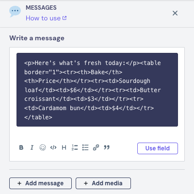 Message in HTML view with the HTML of a three-row price table