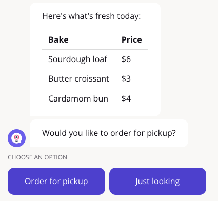 Chat showing a price table of three bakes, followed by a pickup question with two buttons