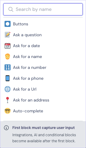Add-block menu after the Starting point listing only Buttons and question blocks, with the note First block must capture user input