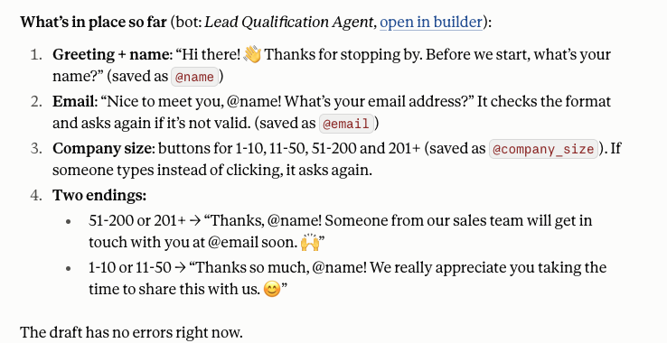 Claude's summary of a lead qualification agent: name, email, company size buttons and two endings