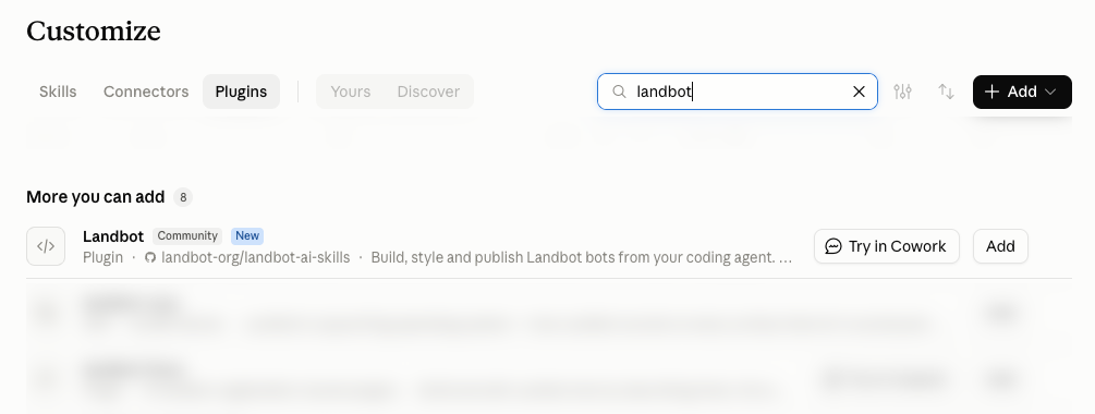 Claude Customize Plugins tab showing the Landbot Plugin from landbot-org/landbot-ai-skills, ready to add