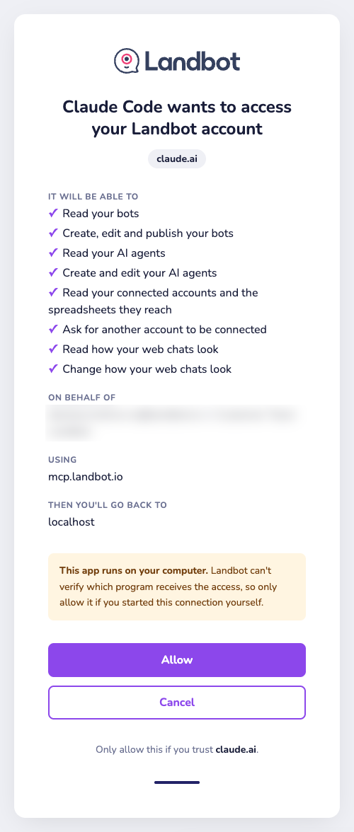 Landbot approval page listing what Claude Code may do in your Landbot account, with Allow and Cancel