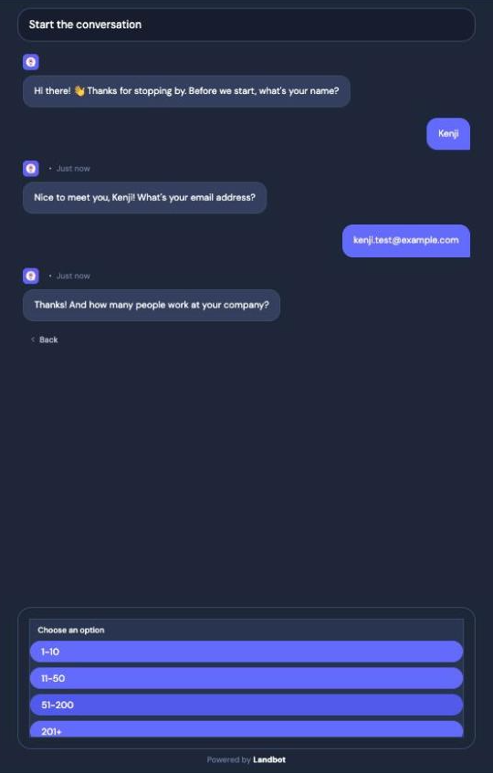 Landbot web chat in a dark theme with blue answer bubbles and company size buttons