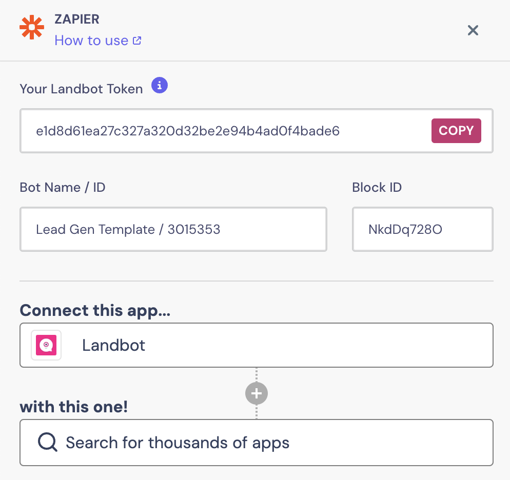 Screenshot that shows where to find the Landbot token to complete the Landbot and Zapier integration 