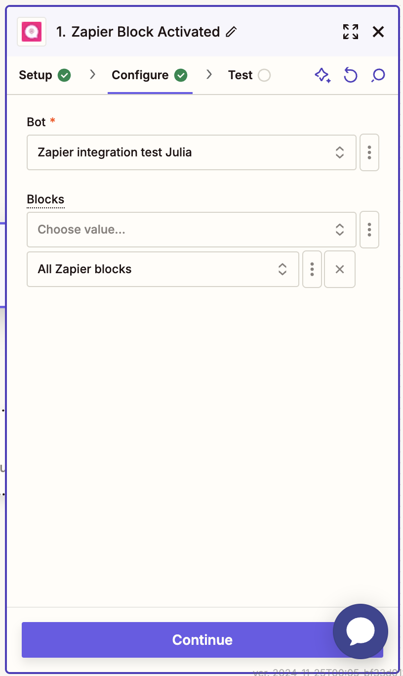 Screenshot that shows where to choose the bot and blocks you want to complete the Landbot and Zapier integration