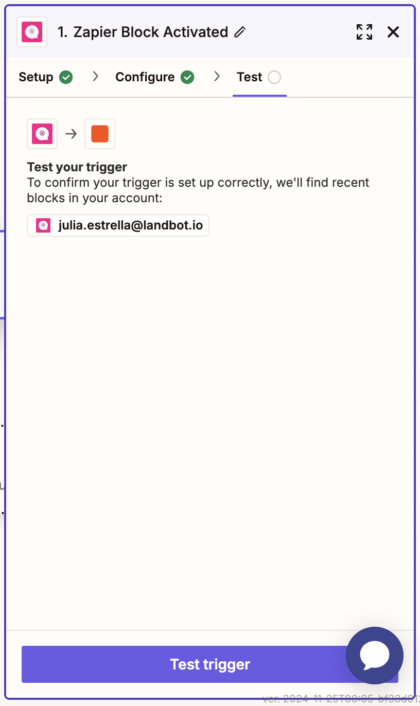 Screenshot that shows how to test the Landbot and Zapier integration