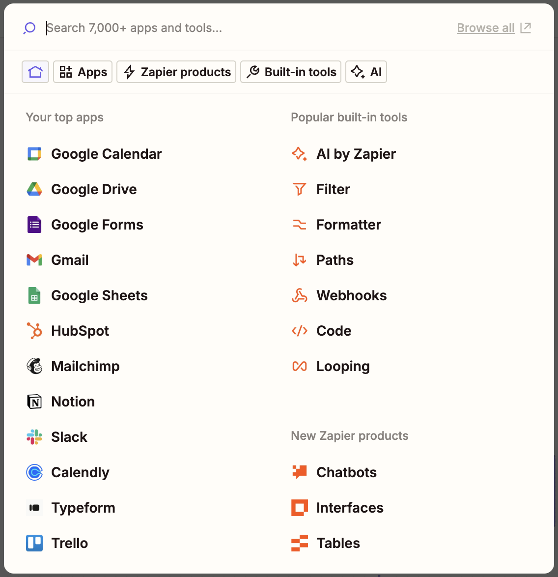 Image that shows the list of available apps you can integrate with Landbot and Zapier