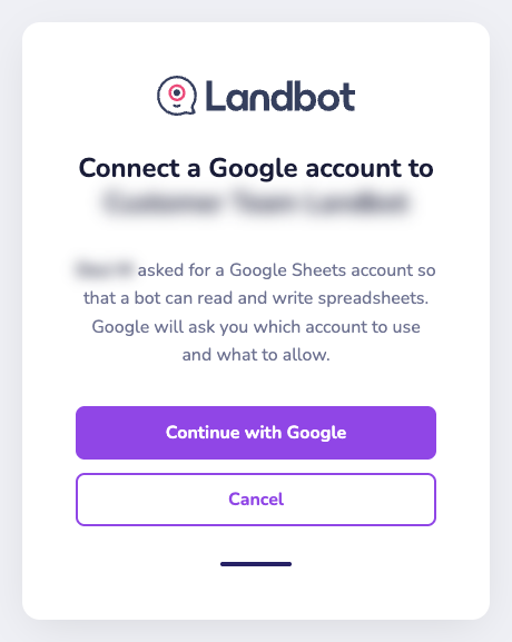 Landbot page to connect a Google account for Google Sheets, with a Continue with Google button