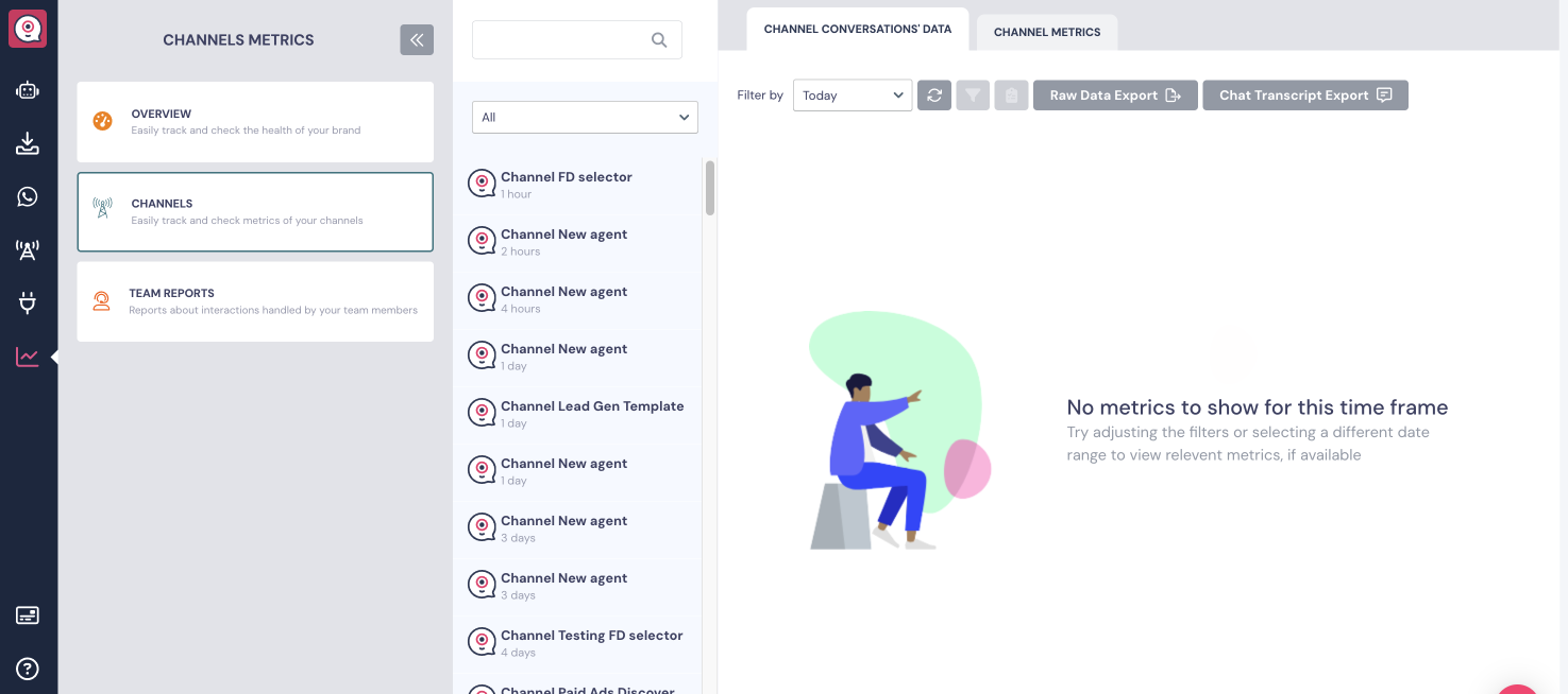 Screenshot that shows the channel conversations' data section to export chatbot data