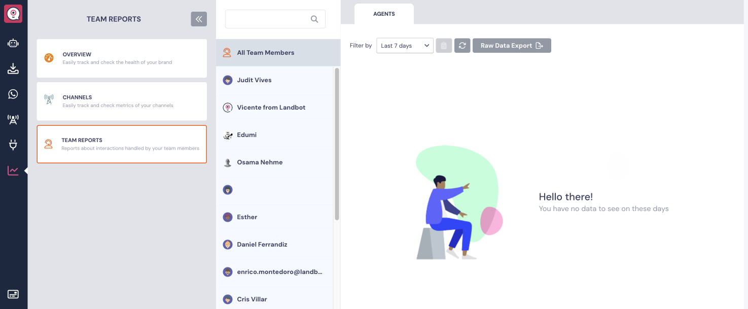 Screenshot that shows the Agent Report section from Landbot's chatbot builder to export chatbot data