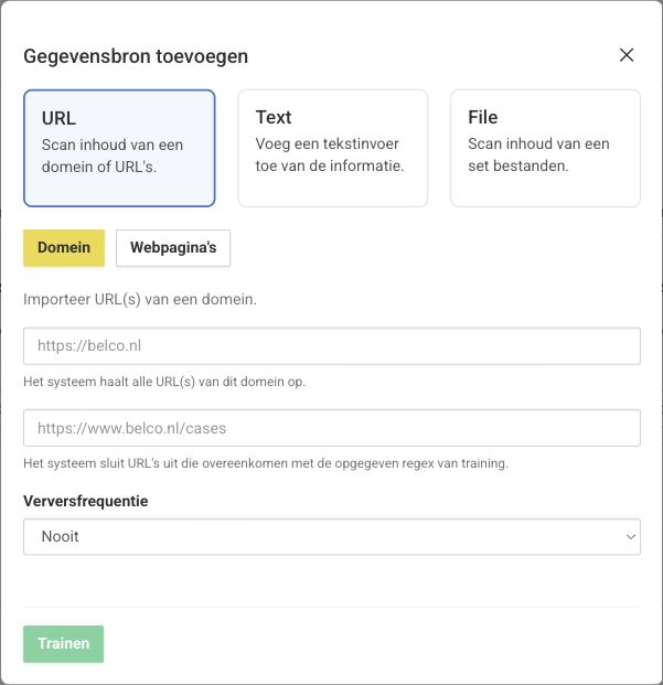 Gegevensbron toevoegen in Belco met de keuzes URL, Text en File en de knop Trainen