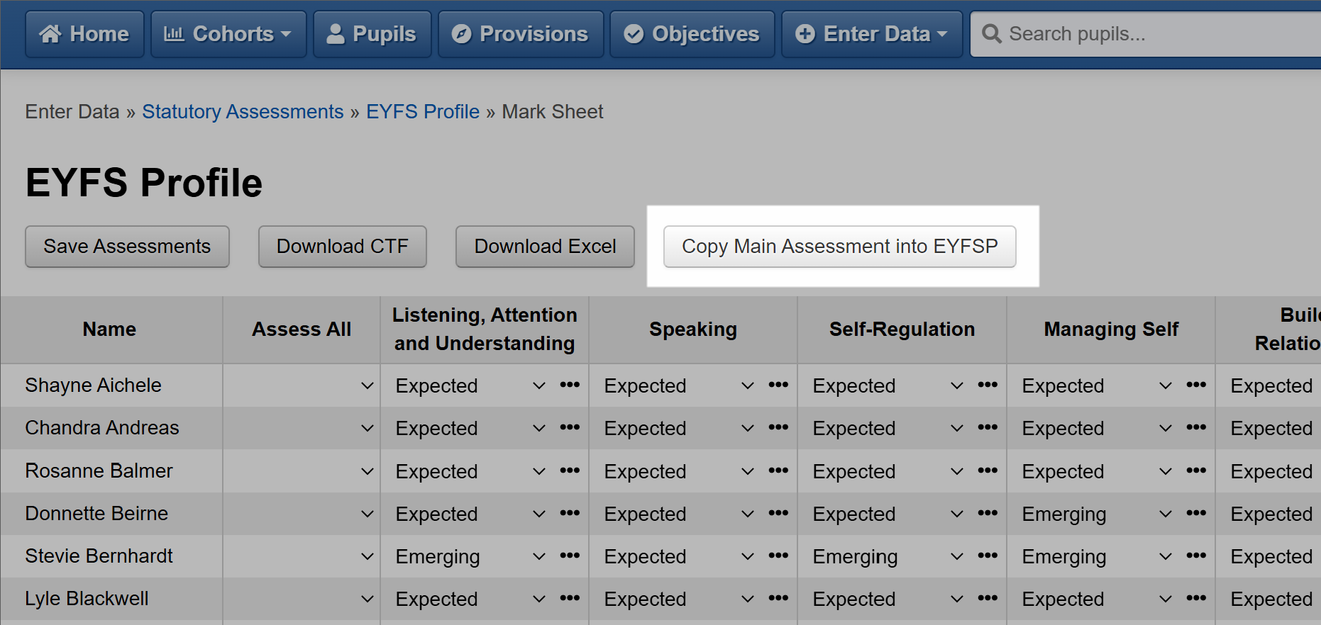 Copy Main Assessment to EYFSP button