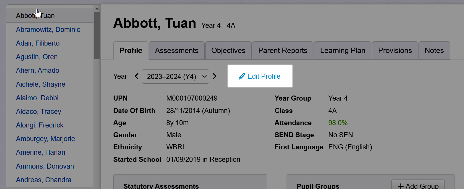 Edit Profile link on a pupil's Profile tab