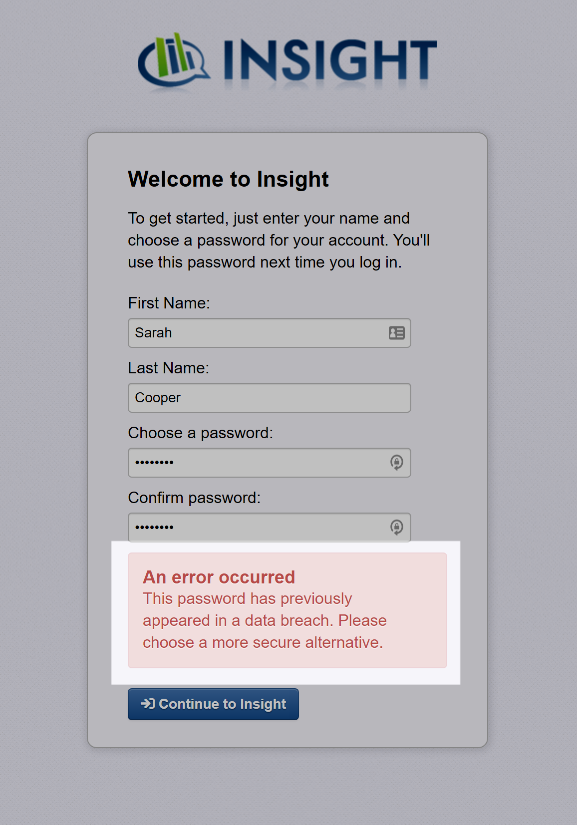 Password error message