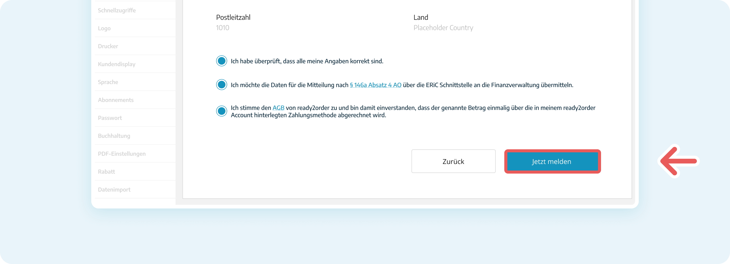 Checkboxen und Button für Jetzt melden