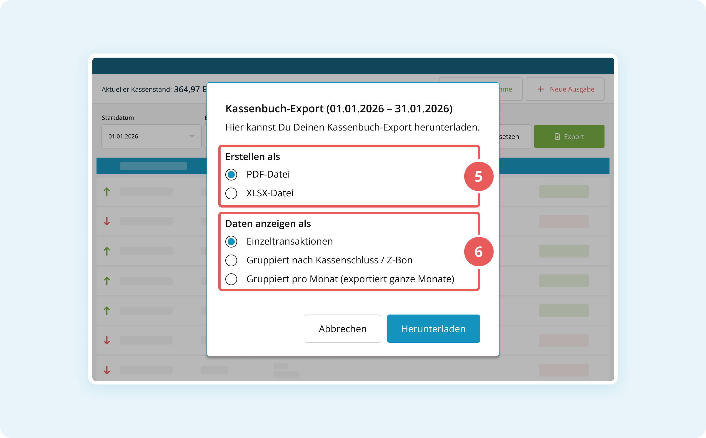 Der Export-Dialog im Kassenbuch